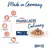 Texte en allemand : Made in Germany, Atlantik LACHS Culinary, 90 % tierisches Protein Meat in Sauce, Happy Cat. Image de morceaux de viande en sauce dans une assiette.