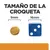 Tamaño de la croqueta: imagen comparativa con una croqueta de 9 mm y un dado azul de 16 mm. Texto visible: 'TAMAÑO DE LA CROQUETA', '9 mm', '16 mm'.
