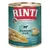 RINTI Singlefleisch Pansen Pur -säilyketölkki, etiketissä naudan kuva ja tekstit: 1 Protein Single, getreidefrei. Kuvassa myös naudan pötsiä viipaleina.