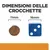 Dimensioni delle crocchette: diametro 11 mm a confronto con un dado blu da 16 mm. Testo visibile: 'DIMENSIONI DELLE CROCCHETTE', '11 mm', '16 mm'.