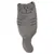 Grey plush toy in the shape of a cat with embroidered face and whiskers.