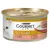 Purina Gourmet Gold cat food, salmon variety, in a golden tin with a white cat and served food on a plate shown.