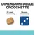 Dimensioni delle crocchette: 21 mm accanto a un dado blu da 16 mm, testo visibile 'DIMENSIONI DELLE CROCCHETTE', confronto tra crocchetta e dado.