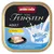 Animonda Vom Feinsten Adult mit Huhn und Milchkern. Serviervorschlag: Fleischstück mit Milchfüllung auf schwarzem Teller. Milkies-Logo mit Katze sichtbar.