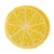 Rond geel stoffen speeltje met wit patroon in de vorm van een citroenschijf, geen merknaam of tekst zichtbaar.