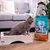 Sanicat Clumping cat litter, 8L pack with Oxygen Odor Control. Cat standing on a wooden litter box next to the packaging.