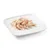 Close-up of tender white and red chicken meat strips on a white plate, shown as product image.