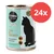 Cosma Pure Love Soup, getreidefreie Rezeptur, Thunfisch und Huhn mit Süsskartoffeln in feiner Brühe. Verpackung zeigt schwarze Katzensilhouette. Packungsgrösse: 24 Dosen.