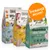 Trei pungi MAC's Super Food for Cats, sortimente somon, rață și iepure. Text portocaliu: Încearcă acum! Ambalajele prezintă imagini cu ingrediente vizibile și simboluri nutriționale.