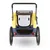 Yellow-blue bicycle trailer with two wheels, mesh window and reflective rear lights. Suitable for transporting pets or items.