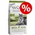 Pachet Wolf of Wilderness Senior Green Fields, 12 kg, 100% grain-free recipe, imagine lup, etichetă promoțională cu simbol procent roșu. Text în engleză și germană vizibil pe ambalaj.