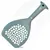 Plastic scoop with circular holes for sifting and removing waste from litter or similar granular material.