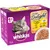 Ambalaj Whiskas Pure Delight, selecție carne de pasăre în gelatină, pentru pisici 1+ ani, 12 plicuri. Text vizibil: 'Pure Delight', 'whiskas', '1+ an', sortimente: pui, rață, curcan.