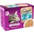 Ambalaj Whiskas Pure Delight, selecție pește în gelatină pentru pisici adulte 1+ an, 12 plicuri. Imagine cu o pisică gri și un bol cu hrană umedă. Text vizibil: Pure Delight.