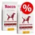 Rocco Diet Care Gastrointestinal dog food, chicken, 12kg bags. Visible icons: grain-free recipe, single animal protein, easy to digest, low in fat. Red percent discount symbol top right.