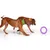 Two dogs with green and yellow collars playing with a purple ring on a white background.