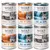 Six cans of Wolf of Wilderness wet food, labelled Strong Lands, Wide Acres, and Blue River. Each can states 100% grain-free and lists main ingredients: pork, chicken, or fish with wild berries, roots and herbs.