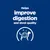 Helps improve digestion and stool quality felirat, stilizált kutya szimbólummal. Az angol szöveg a termék emésztést és székletminőséget javító tulajdonságát hangsúlyozza.