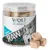 Wolf of Wilderness RAW Salmon Fillet, gefriergetrockneter Snack in Würfelform. Verpackung mit Wolfsmotiv und transparentem Deckel.