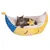 Katzenbett in Halbmondform mit gelbem Sternkissen und blauem Sternenmuster. Katze liegt im Bett.