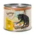 Feringa Adult Katzenfutter, Sorte Cheddar Pesto Chicken, 200g Dose. Illustration einer schwarzen Katze mit Teller Hähnchen vor Fenster. Text: 'Homemade taste begins with love'.
