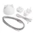 Set includes a dome-shaped device with two ear-like points, power adapters for UK and EU plugs, USB cable, Ethernet cable, and power supply unit.