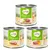 Trois boîtes Feringa Organic pour chats adultes : canard avec poire et céleri, poulet avec pomme et courgette, bœuf avec potiron et orange. 72 % viande indiquée sur chaque boîte.