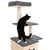 Kratzbaum aus Holz mit drei Ebenen, grauen Polstern und Sisal umwickelten Säulen. Schwarze Katze erkundet die mittlere Ebene.