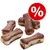 Varios huesos masticables marrones sobre fondo blanco con símbolo de porcentaje en círculo rojo, indicando oferta o descuento visible en la imagen.