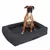 Dog sitting on a dark grey rectangular dog bed with raised edge and carrying handle.