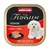 Animonda Vom Feinsten Senior mit Rind und Huhn. Nassfutter für ältere Hunde, Abbildung von Futterstücken und einem weissen Hund.