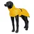 Cappotto giallo per cani con strisce rifrangenti, cintura addominale regolabile e colletto, presentato su un modello di cane nero.