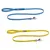 Two Ruffwear fabric dog leads, one blue and one yellow, each with a metal clip and visible Ruffwear brand label on the handle loop. Two Ruffwear fabric dog leads, one blue and one yellow, each with a metal clip and visible Ruffwear brand label on the handle loop.
