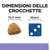 Dimensioni delle crocchette: 10,5 mm accanto a un dado blu da 16 mm per confronto visivo.