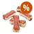 Snack em forma de osso para cães, com camada exterior vermelha e interior claro. Círculo laranja com símbolo de percentagem (%) indica promoção ou desconto.