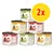 Set di 6 lattine catz finefood Kitten Classic, vari gusti: salmone, manzo e vitello, pollame. Etichetta con scritta '2x' in cerchio giallo. Testo visibile in tedesco e inglese.