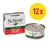 Schesir Nature for Dog, pollo con manzo, confezione da 12 lattine. Testo visibile: 'CHICKEN with BEEF', 'POLLO con MANZO'. Immagine di scatola e lattina.