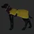Hundemantel in Gelb und Dunkelrot mit reflektierenden Nähten, seitlichem Verschluss und Aufschrift 'ICEPAW' auf dem Kragen, präsentiert an schwarzem Hundemodell. Hundemantel in Gelb und Dunkelrot mit reflektierenden Nähten, seitlichem Verschluss und Aufschrift 'ICEPAW' auf dem Kragen, präsentiert an schwarzem Hundemodell.