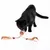 Schwarze Katze spielt mit einem Spielzeug aus Holz und Federn, bestehend aus einer Schnur mit zwei Federanhängern.