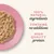Text reads: 100% natural ingredients, contains no additives, high quality protein. Image shows a portion of wet food on a pink plate.