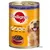 Pedigree tin with dog image, text 'mit Herz, Leber und Pansen', '100% COMPLETE', icons for bones, digestion, skin & coat, immune system, and 'Pastete' on bowl. Text partly in German.