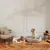 Dos perros en diferentes camas para perros, rodeados de comederos y juguetes en una sala de estar con suelo de madera.