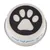 Round white tin with black paw print on the lid and blue text 'In the mood for food' on the side.