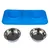 Double bowl set with two stainless steel bowls and blue silicone mat, suitable for food or water.