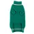 Green knitted dog jumper with white stripes on collar and hem, openings for front legs.