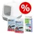 Savic kattenbak met deksel, twee verpakkingen Cat Toilet Home Filter en een doos Bag it Up kattenbakzakken large. Rood kortingssymbool zichtbaar.
