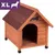 Wooden outdoor pet house with pitched roof, open entrance and XL size indicator in top left corner. Wooden outdoor pet house with pitched roof, open entrance and XL size indicator in top left corner.
