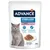 Advance Sterilized Adult 1-10 години с пуйка, контрол на теглото, запазване на мускулната маса, отличен вкус. Опаковката показва сива котка и сервирана храна. 85g.