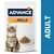 Упаковка корма для кошек Advance con Pollo, изображение взрослой полосатой кошки и тарелки с кусочками в соусе. Текст: ADULT сбоку. Надписи на испанском языке.