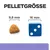 Vergleich der Pelletgröße: Futterpellet mit 9,8 mm Durchmesser neben einem Würfel mit 16 mm Kantenlänge. Vergleich der Pelletgröße: Futterpellet mit 9,8 mm Durchmesser neben einem Würfel mit 16 mm Kantenlänge.
